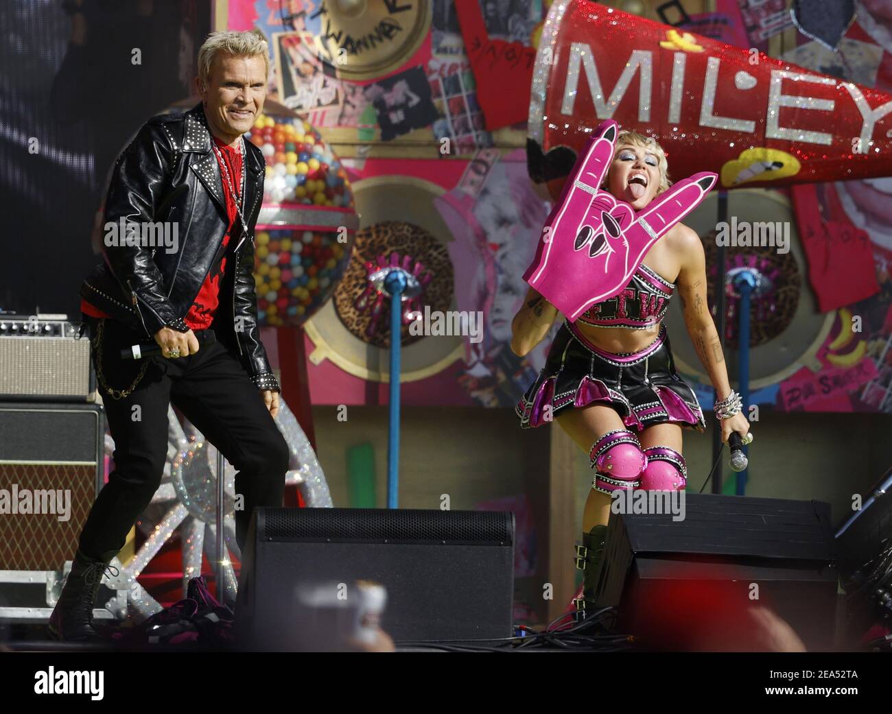 Tampa, United States. 07th Feb, 2021. Recording artists Billy Idol and Miley Cyrus perform during the Tic Tok Tailgate party prior to Super Bowl LV at Raymond James Stadium in Tampa, Fla. on Sunday, February 7, 2021. Photo by John Angelillo/UPI Credit: UPI/Alamy Live News Stock Photo