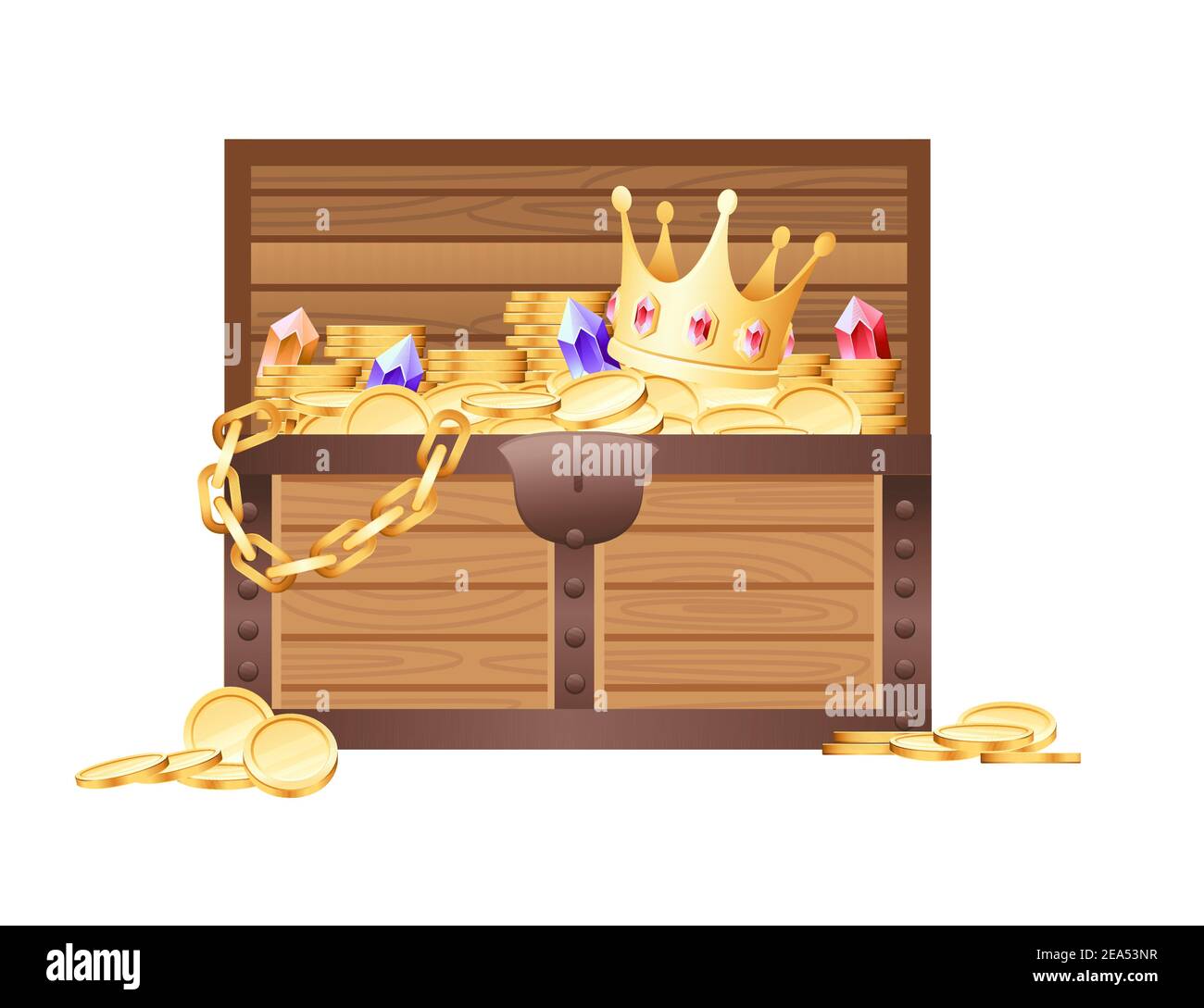 Wooden open chest with golden coins and gems with crown pirate treasure box game asset vector illustration on white background Stock Vector