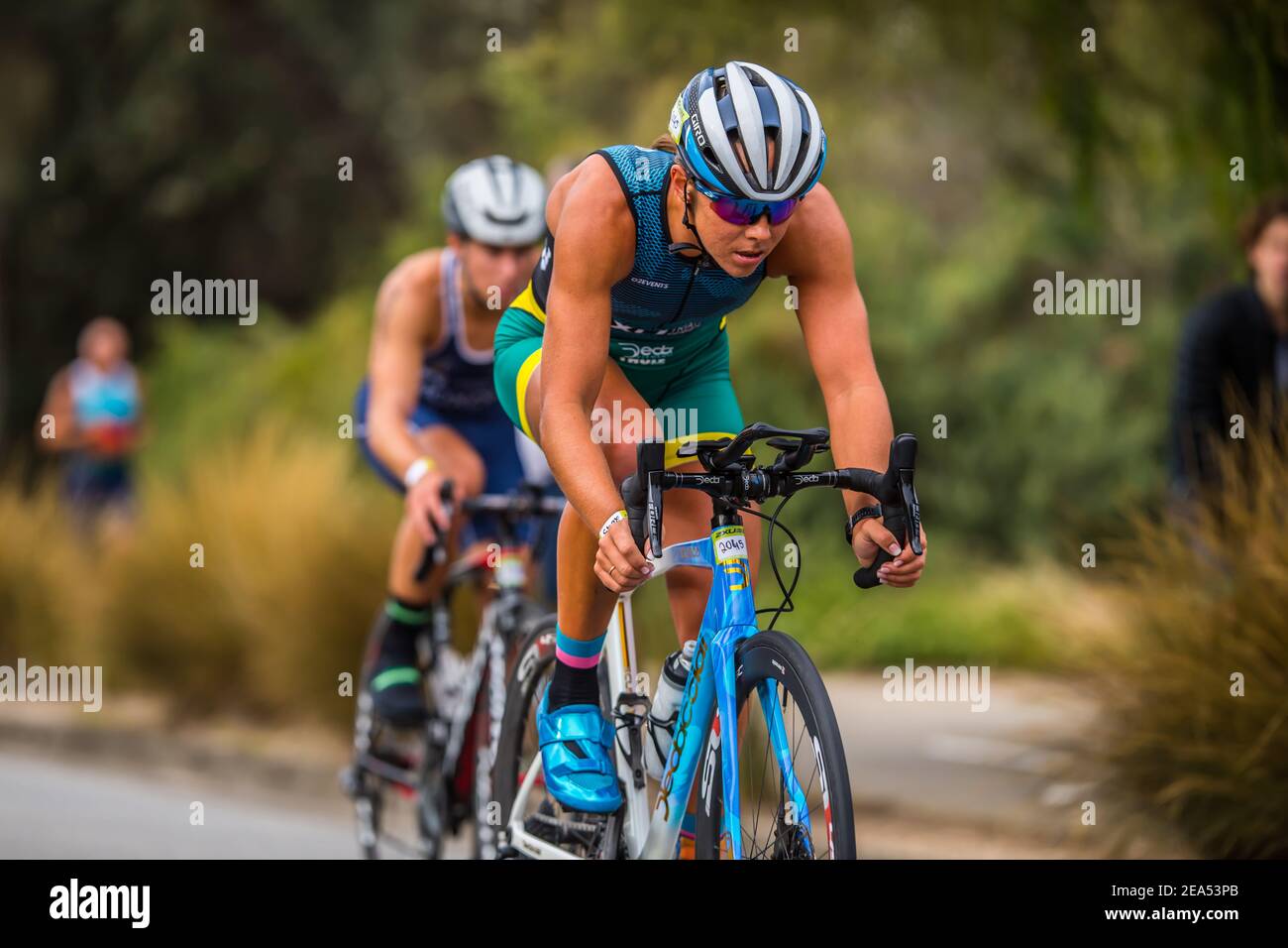 Emma Jeffcoat is her bike in a Women's Elite division during the 2XU Triathlon Series 2021, Race 2 at Sandrigham Beach. (Photo by Alexander Bogatyrev / SOPA Images/Sipa USA Stock - Alamy