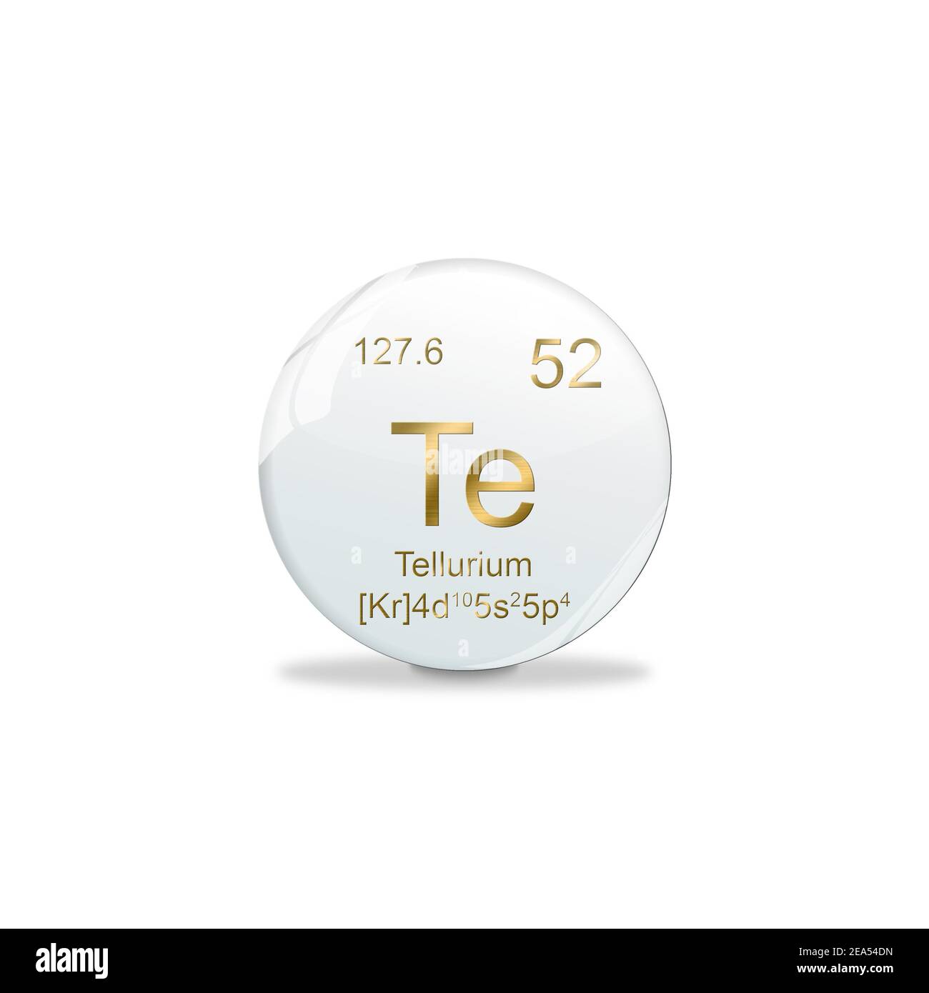 3D-Illustration, Tellurium symbol - Te. Element of the periodic table on white ball with golden signs. White background Stock Photo