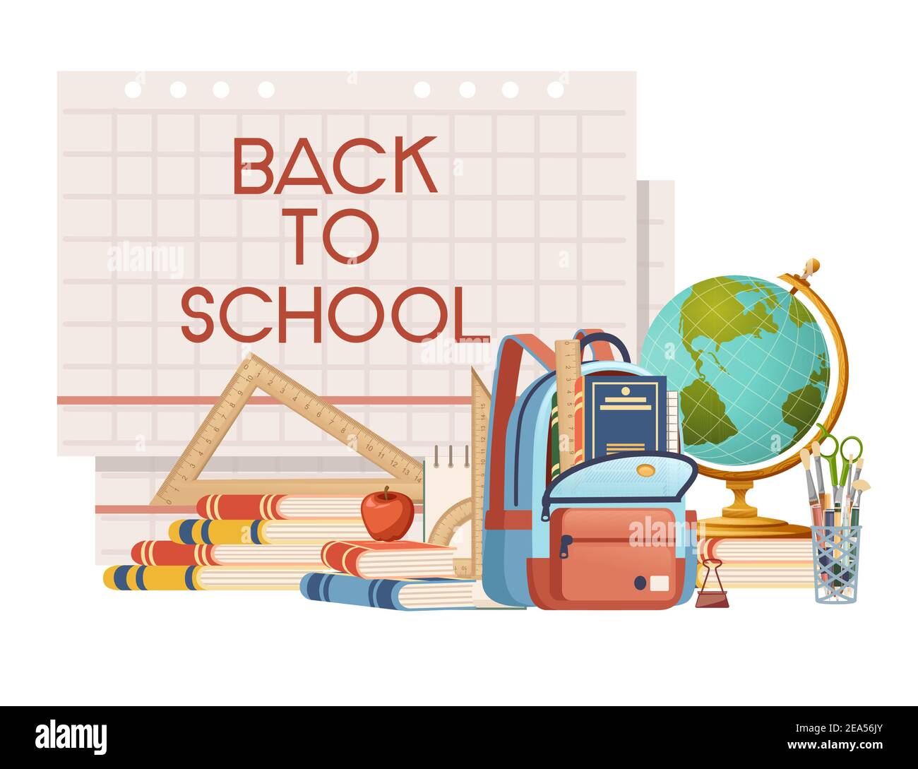 Back to school banner with sign opened book globe and stationery poster ...