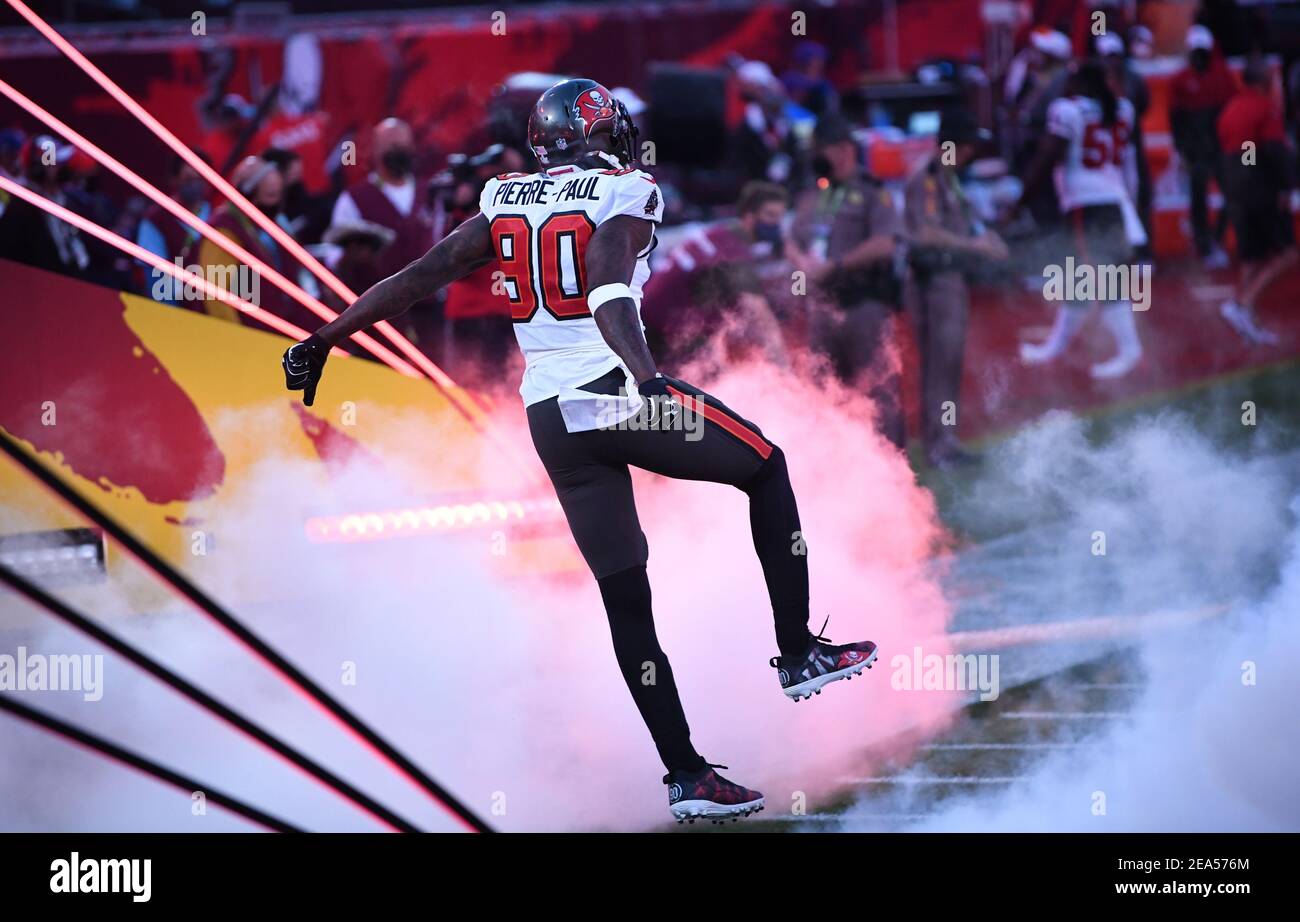 Tampa, United States. 07th Feb, 2021. Tampa Bay Buccaneers Jason Pierre-Paul takes the field before the start of Super Bowl LV against the Kansas City Chiefs at Raymond James Stadium in Tampa, Florida on Sunday, February 7, 2021. Photo by Kevin Dietsch/UPI Credit: UPI/Alamy Live News Stock Photo