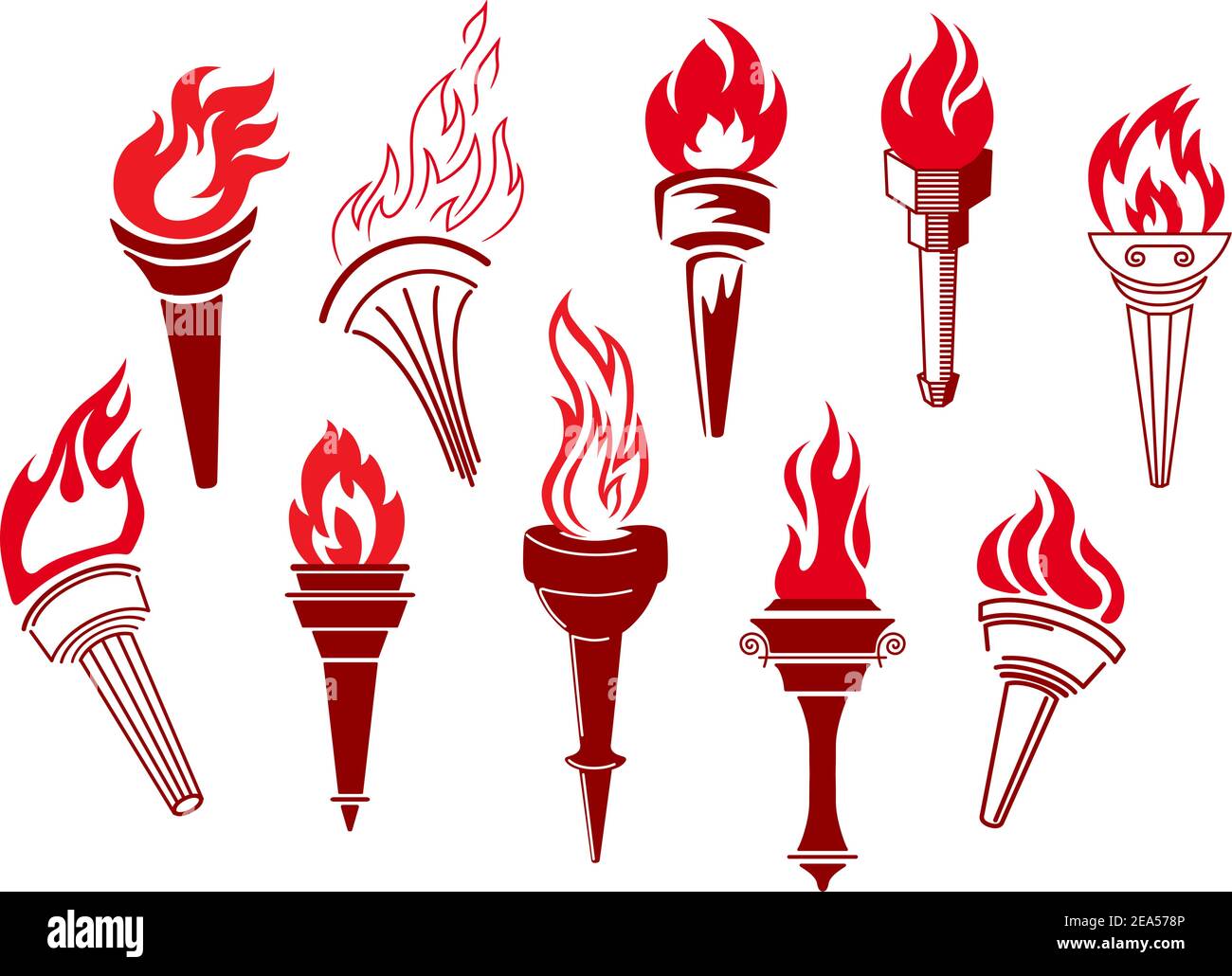 Flaming retro torches isolated on white background Stock Vector