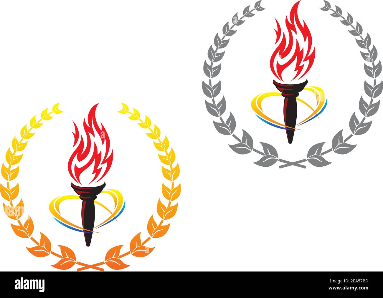 Flaming torches in laurel wreathes for peace concept design Stock Vector