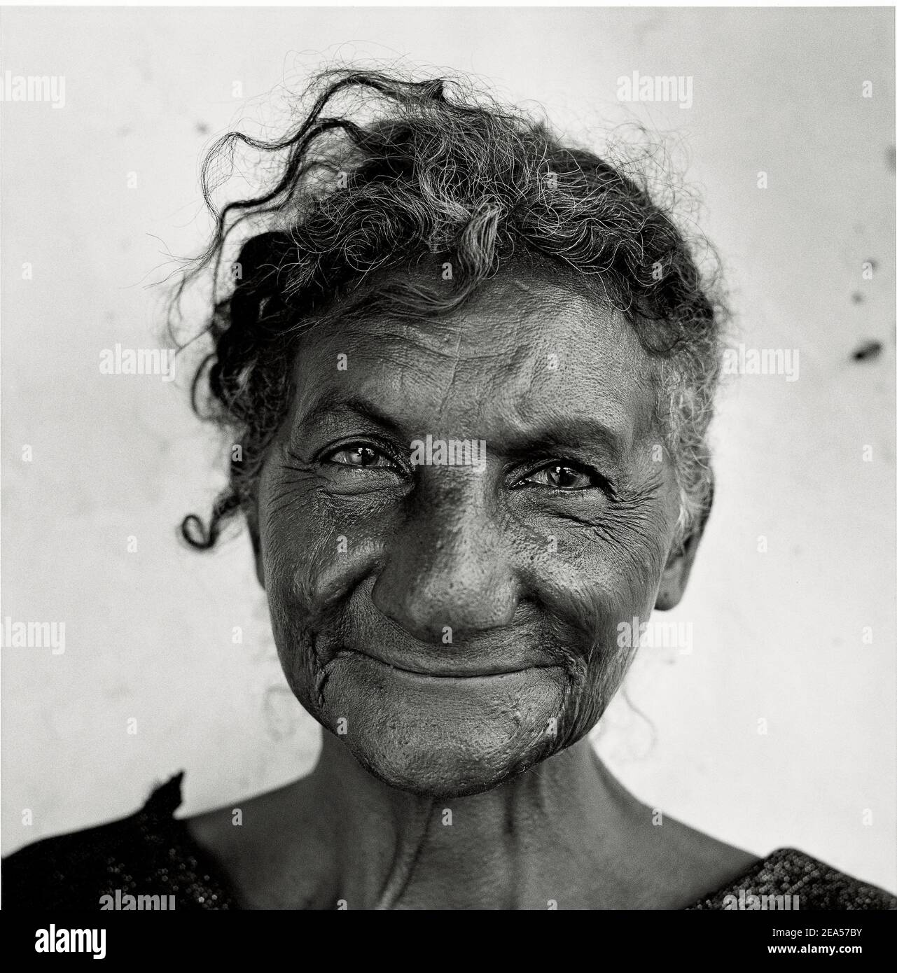 Black and white portrait of an old indigenous woman in Falcon, Falcon State, Venezuela;South America. Stock Photo