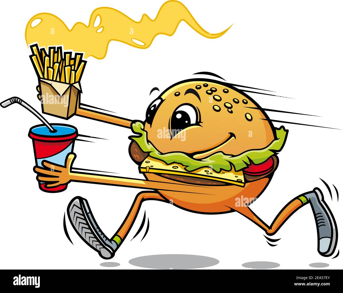 Running hamburger with fresh drink and fried potato for fast food ...