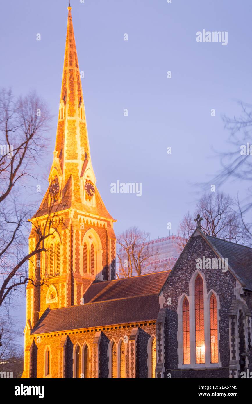 Gothic Revival Architecture at Night Christ Church Turnham Green, Town Hall Avenue, Chiswick, London W4 5DT by Sir George Gilbert Scott Architect Stock Photo