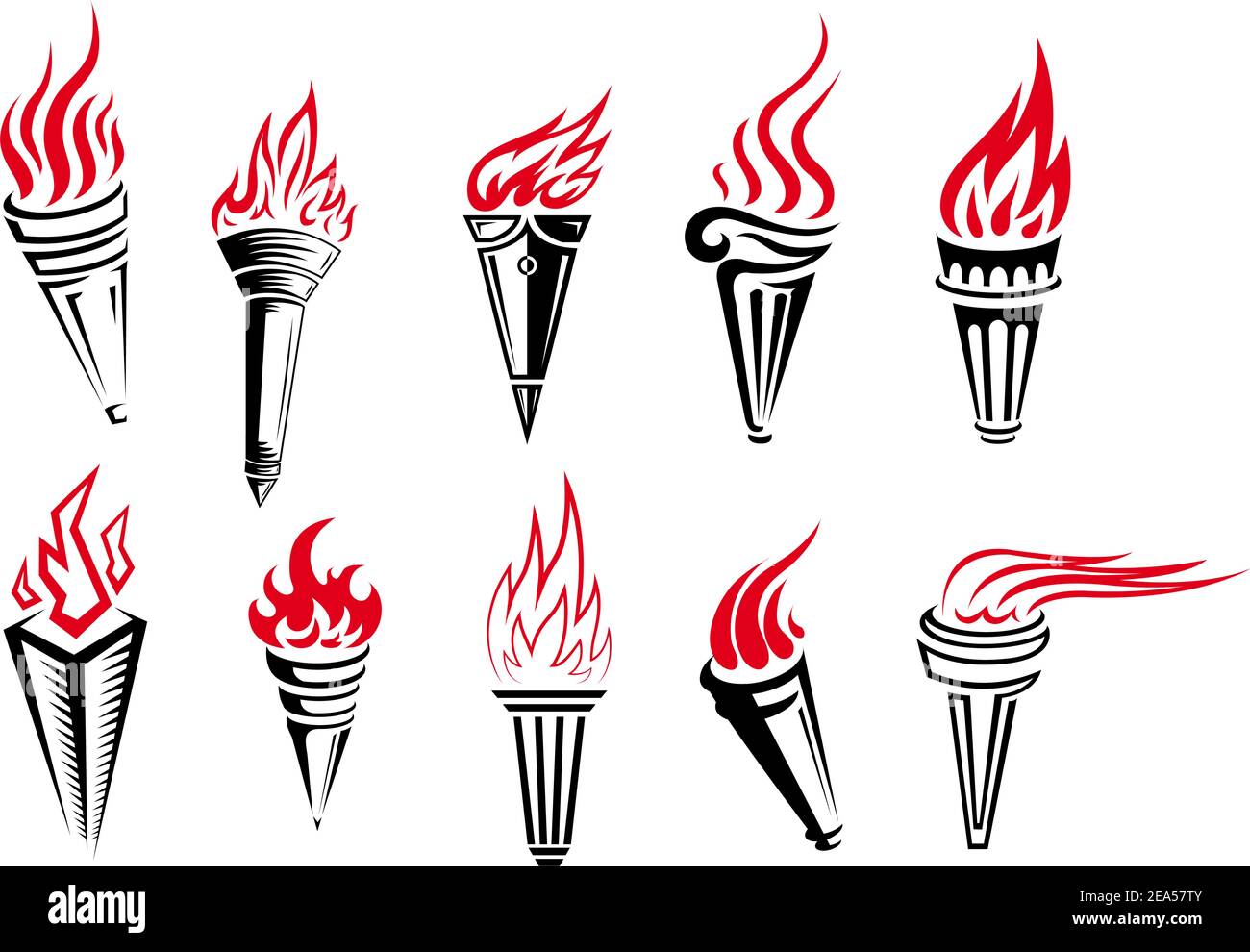 Set of burning torches with fire flames isolated on white background in retro style Stock Vector
