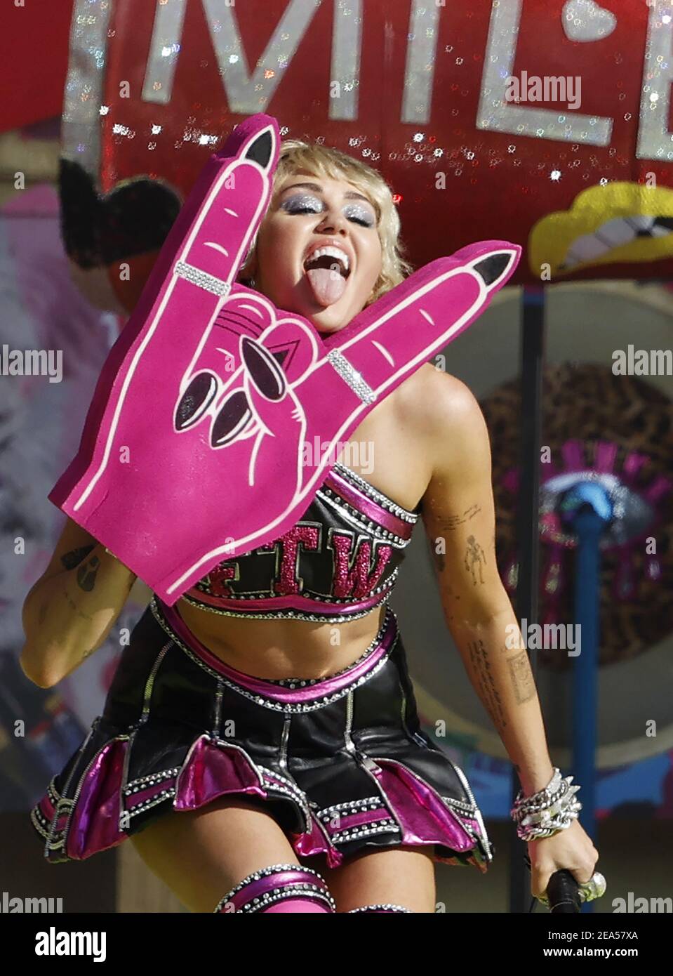 Tampa, United States. 07th Feb, 2021. Recording artist Miley Cyrus performs during the Tic Tok Tailgate party prior to Super Bowl LV at Raymond James Stadium in Tampa, Fla. on Sunday, February 7, 2021. Photo by John Angelillo/UPI Credit: UPI/Alamy Live News Stock Photo
