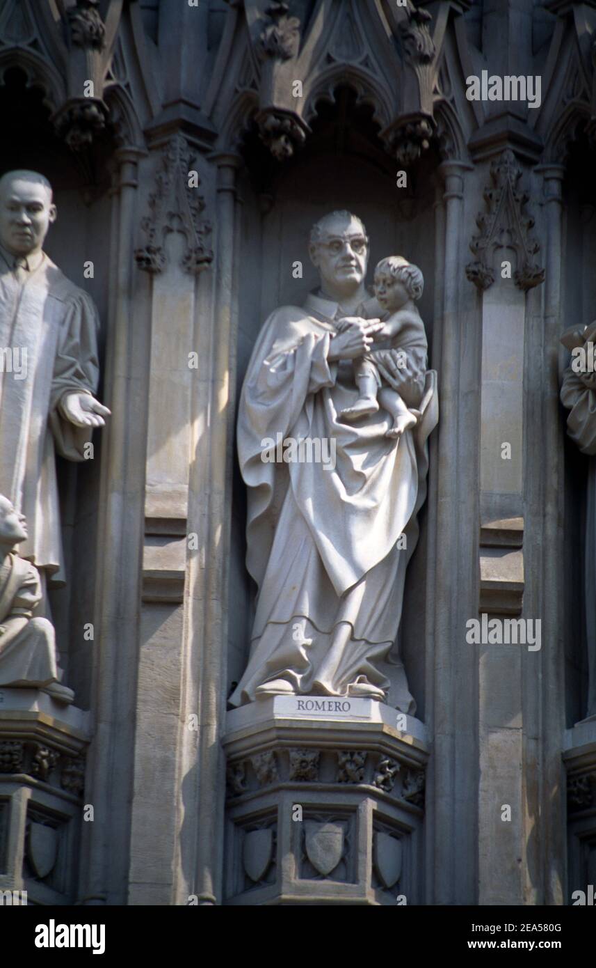 Westminster Abbey London England 20th Century Martyr Oscar Romero Archbishop of Salvador Assassinated in 1980 on Facade Above the Great West Door Stock Photo