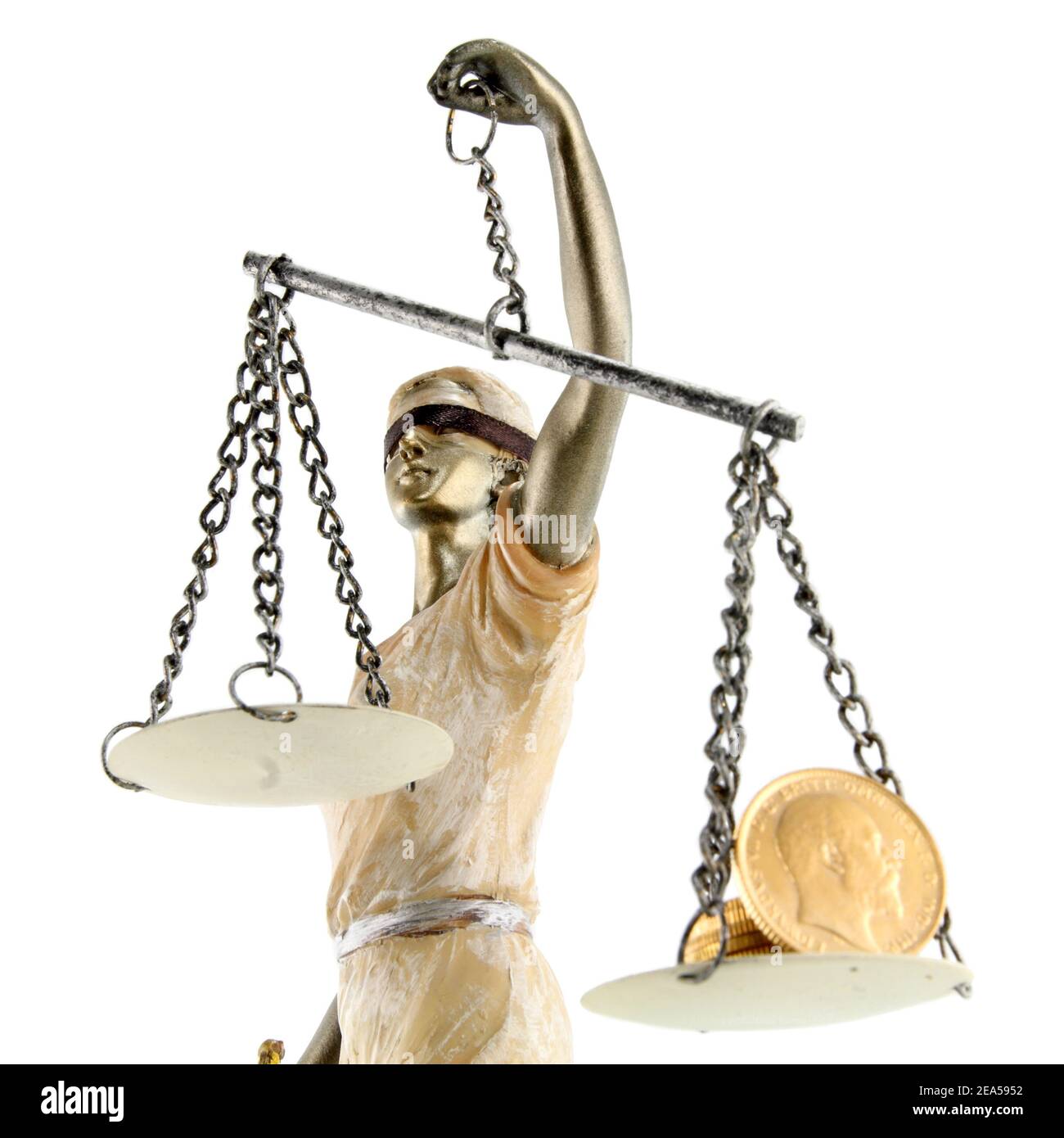 Justice (greekthemis,latinjustitia) blindfolded with scales, sword and money on one scale