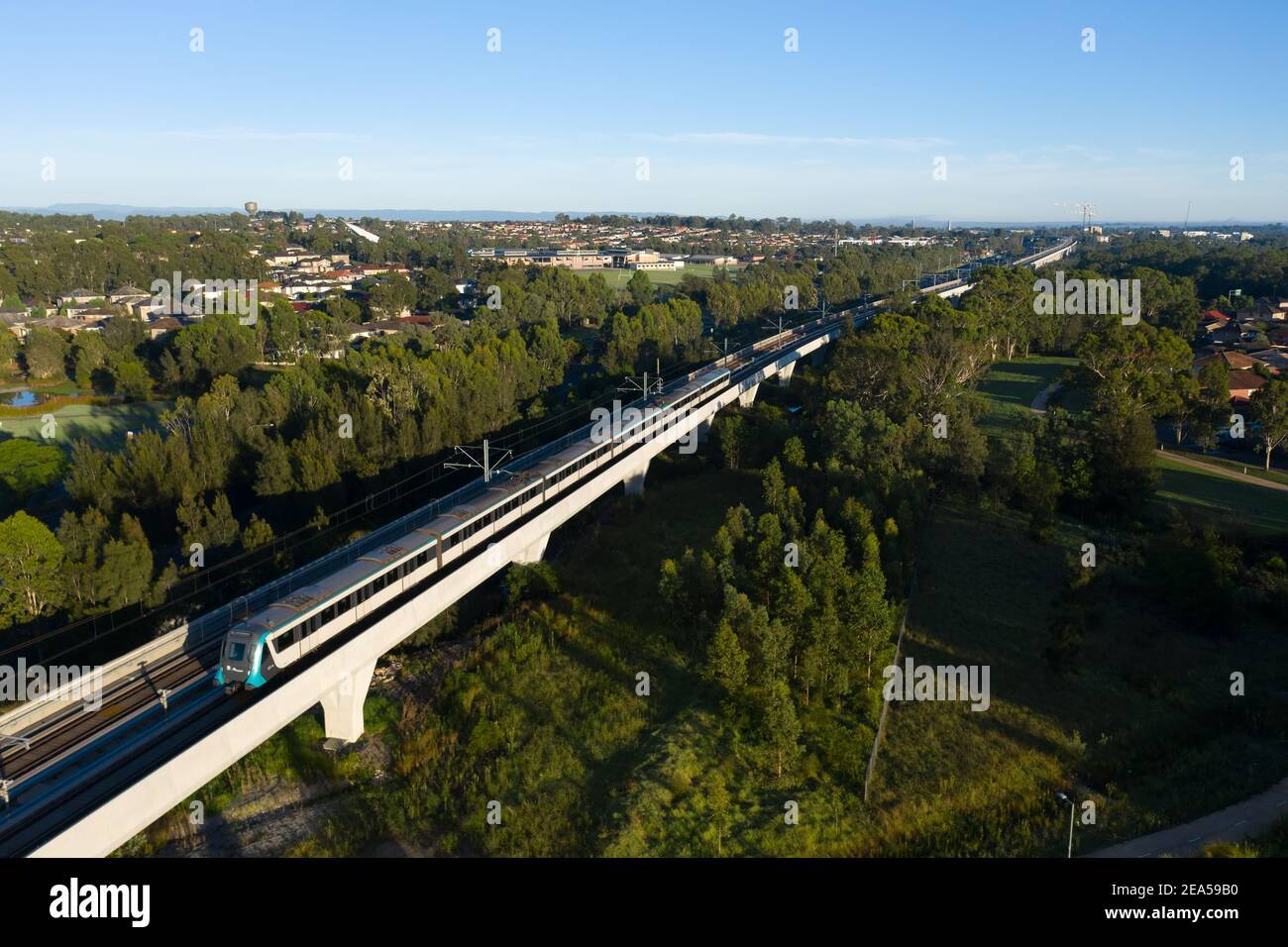 Aerial view of the Sydney Metro on the skytrain at Kellyville, NSW, Australia. Stock Photo