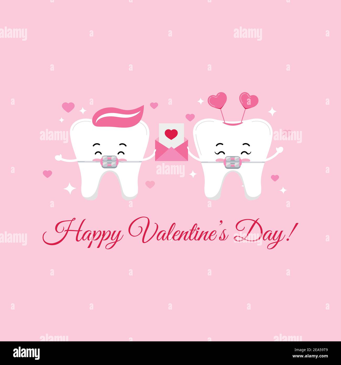 Tooth couple in love with braces. Stock Vector