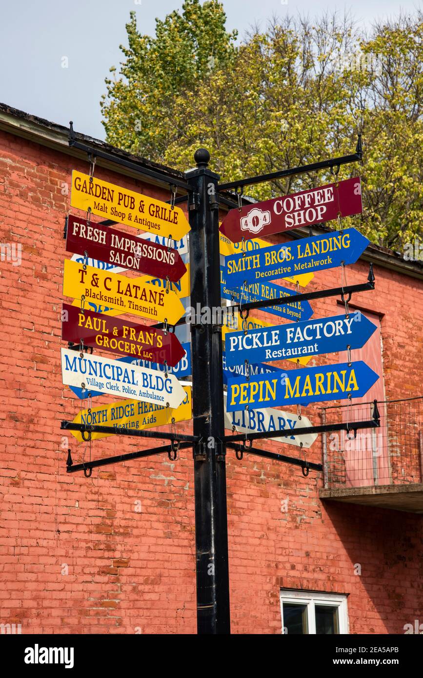 Pepin, Wisconsin. Directional sign for local businesses. Stock Photo