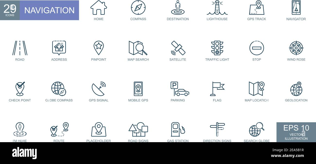 Navigation, location, GPS elements - thin line web icons set. Vector illustration Stock Vector