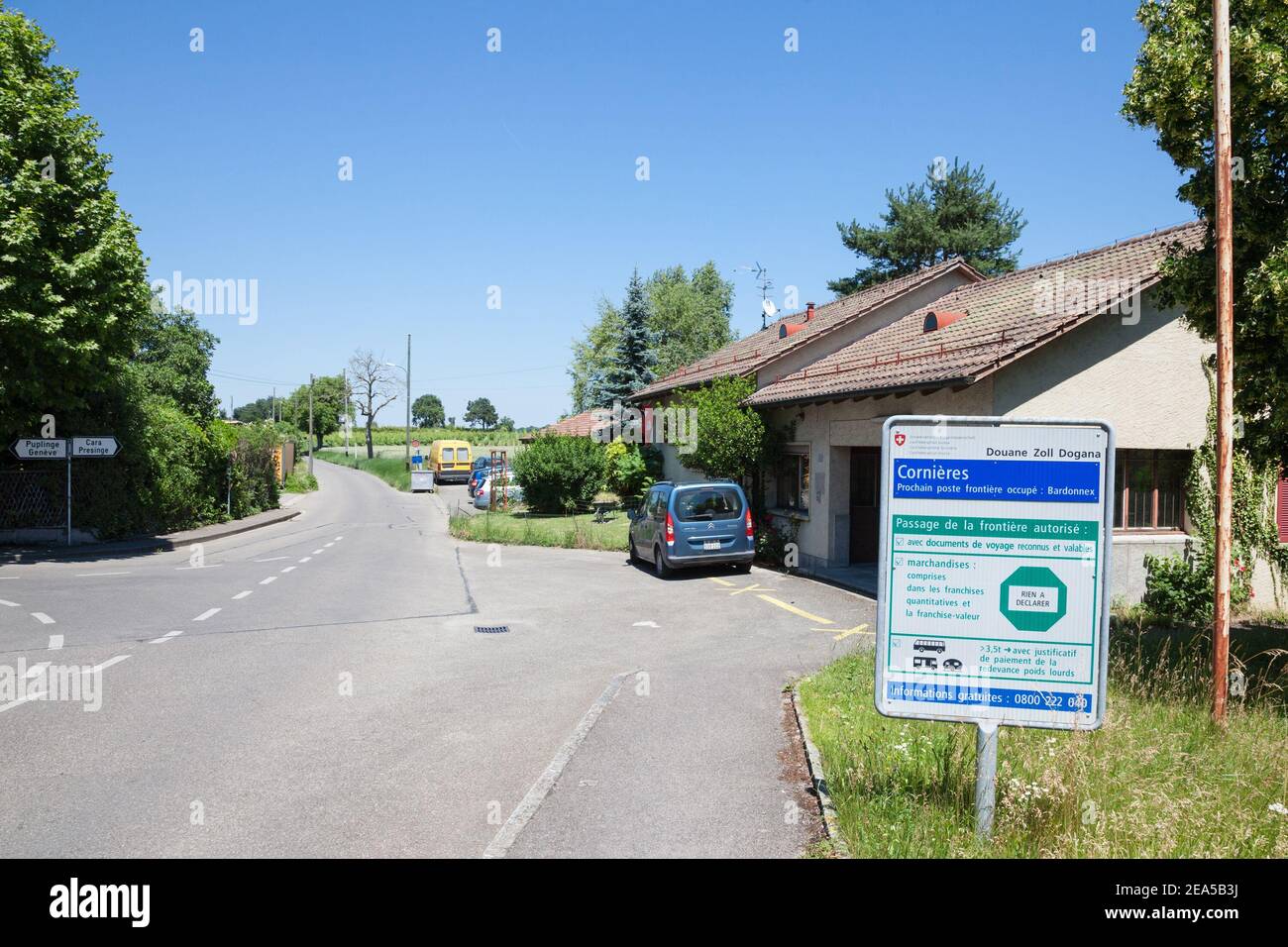 CORNIERES, SWITZERLAND - JUNE 18, 2017: Douanes Building of Cornieres, at border of Switerland with France, abandoned border crossing, closed since Sw Stock Photo