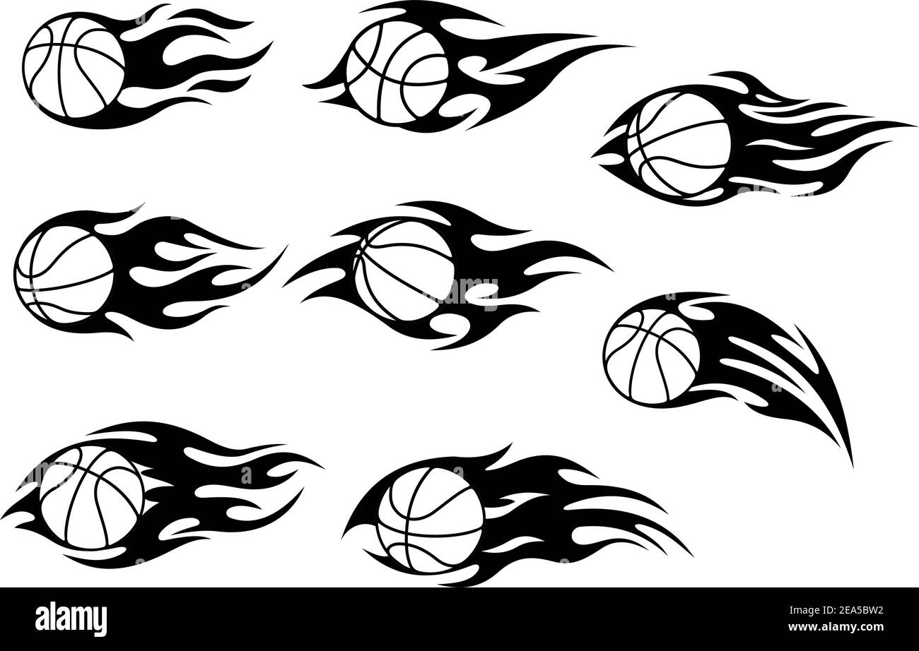 Basketball balls with fire flames for sport tattoos design Stock Vector