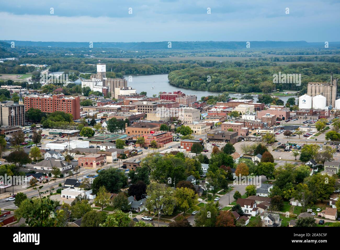 Red Wing, Minnesota. Aerial view of the city on an overcast day Stock