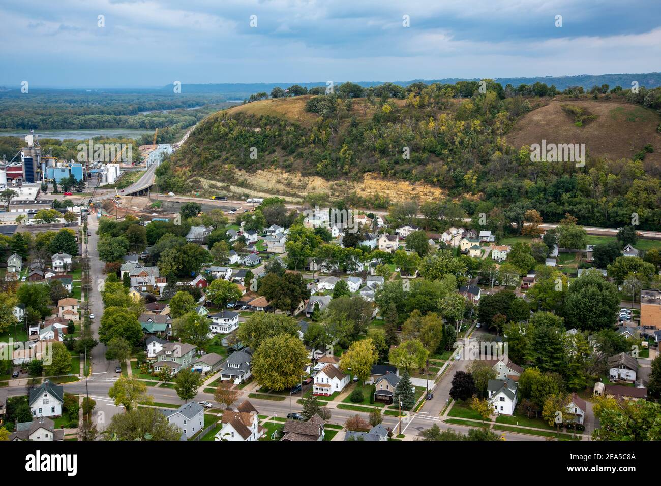 Red Wing, Minnesota. Aerial view of the city on an overcast day Stock