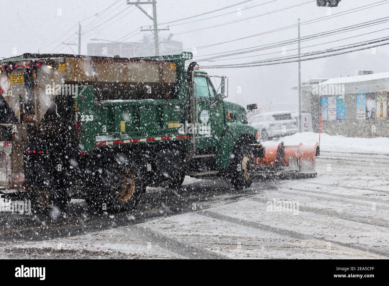 Norwalk, United States. 07th Feb, 2021. Snow plow truck during snow