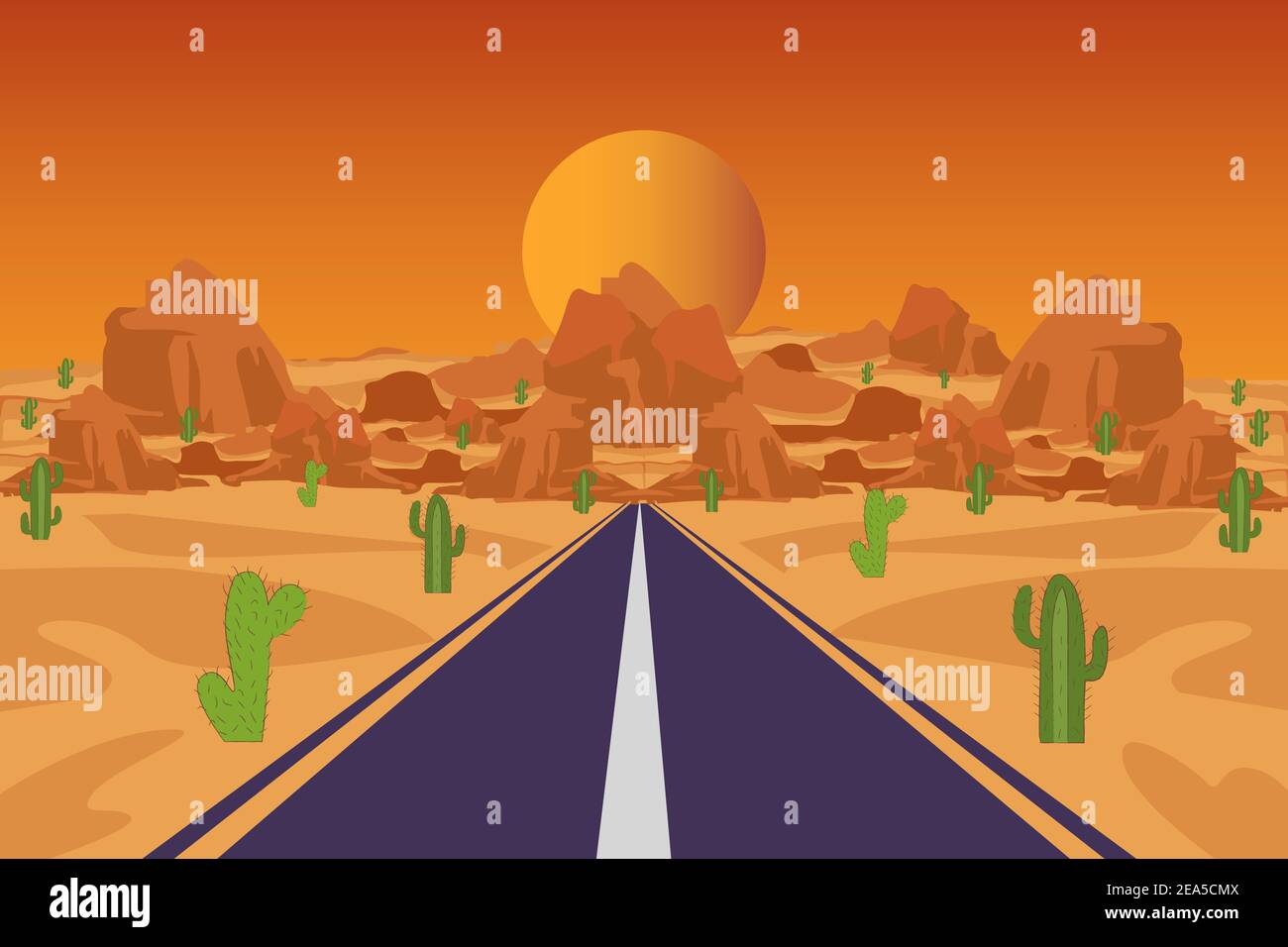 Cactus in desert with mountains and road Stock Vector