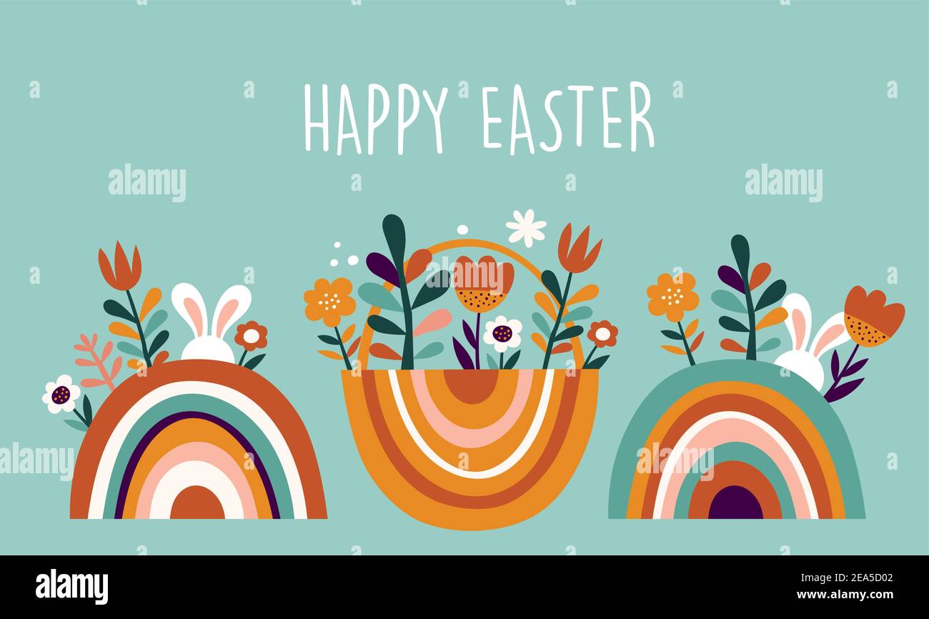 Boho Easter concept design, bunnies, eggs, flowers and rainbows in pastel  and terracotta colors, flat vector illustrations Stock Vector Image & Art -  Alamy