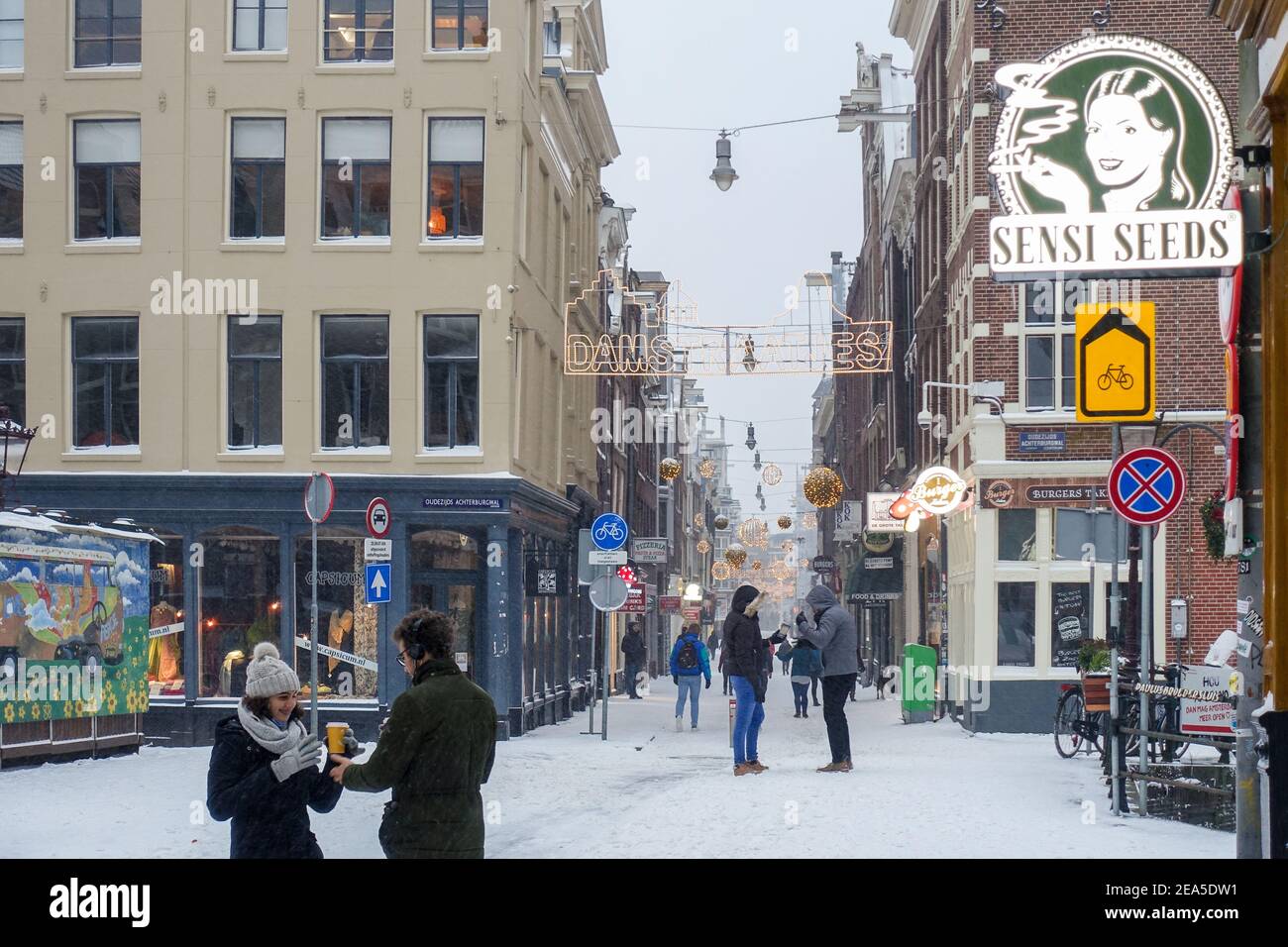 Amsterdam, The Netherlands, 7th February, 2021. The city centre brought to a standstill after massive snow storm Stock Photo