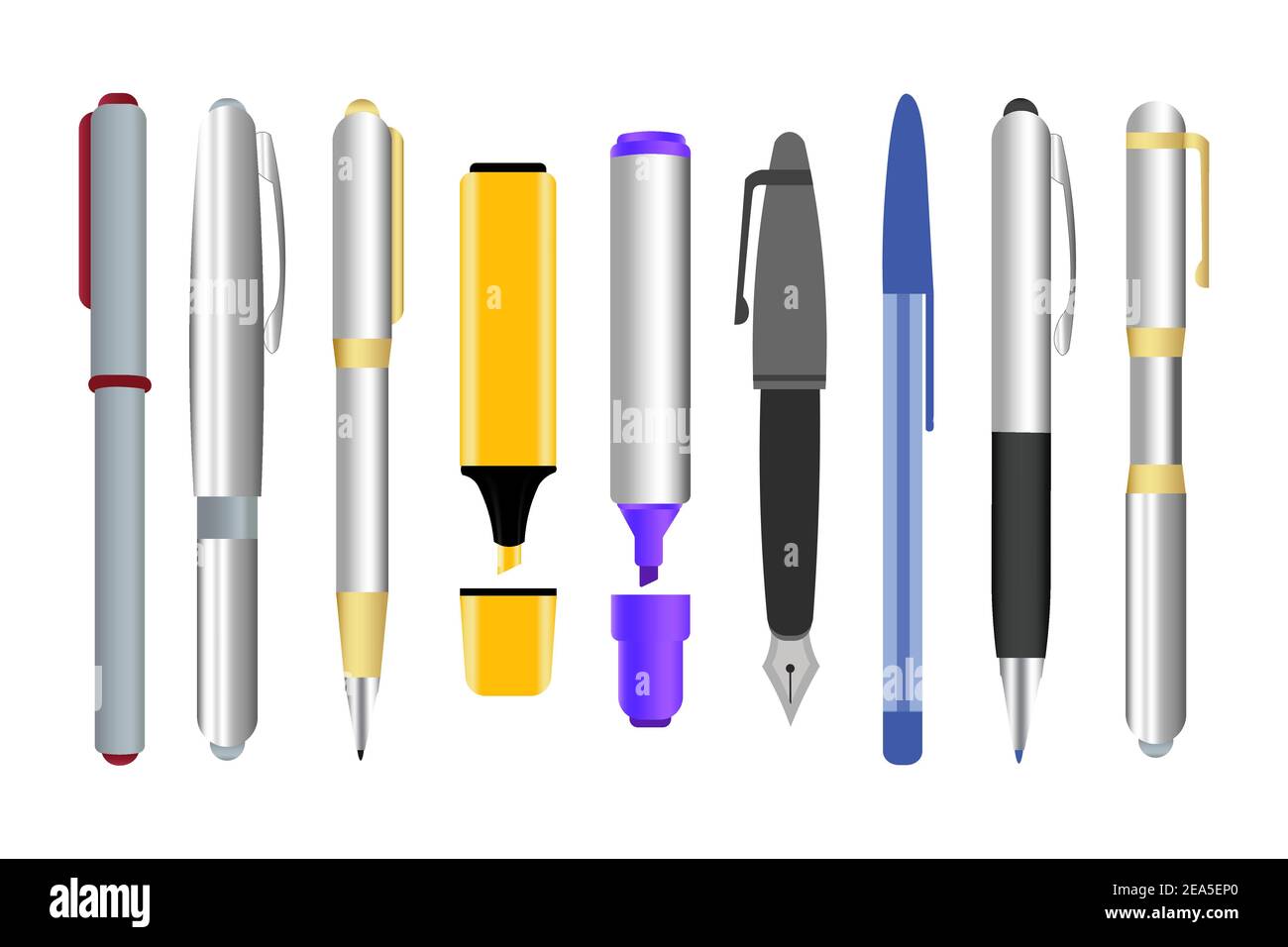 Set of pens on white background Stock Vector