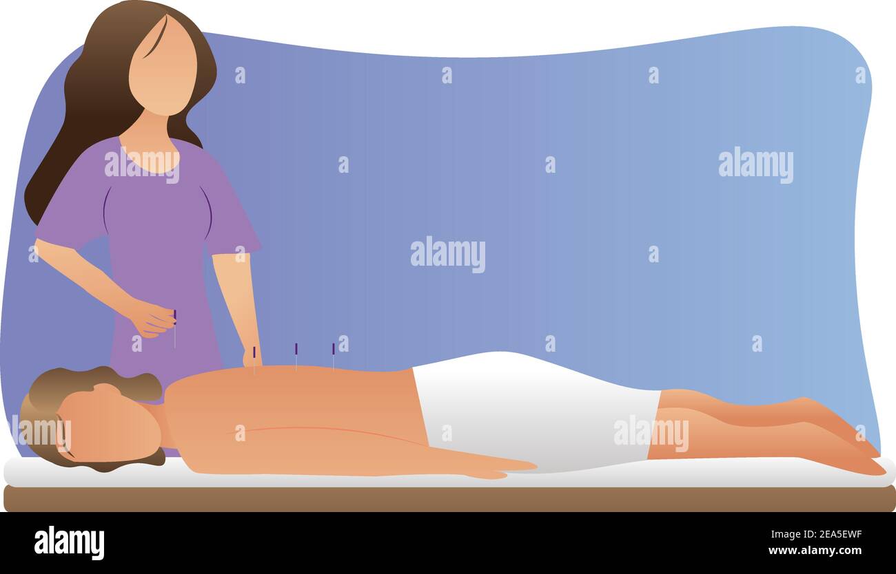 Woman relaxes from acupuncture procedure. An acupuncturist doing acupuncture. Traditional chinese medicine. Stock Vector