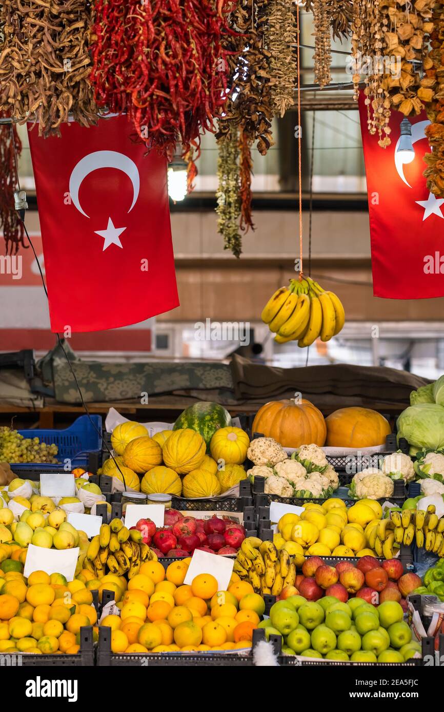 Variety of fresh fruits and vegetables at local market in Turkey Stock Photo