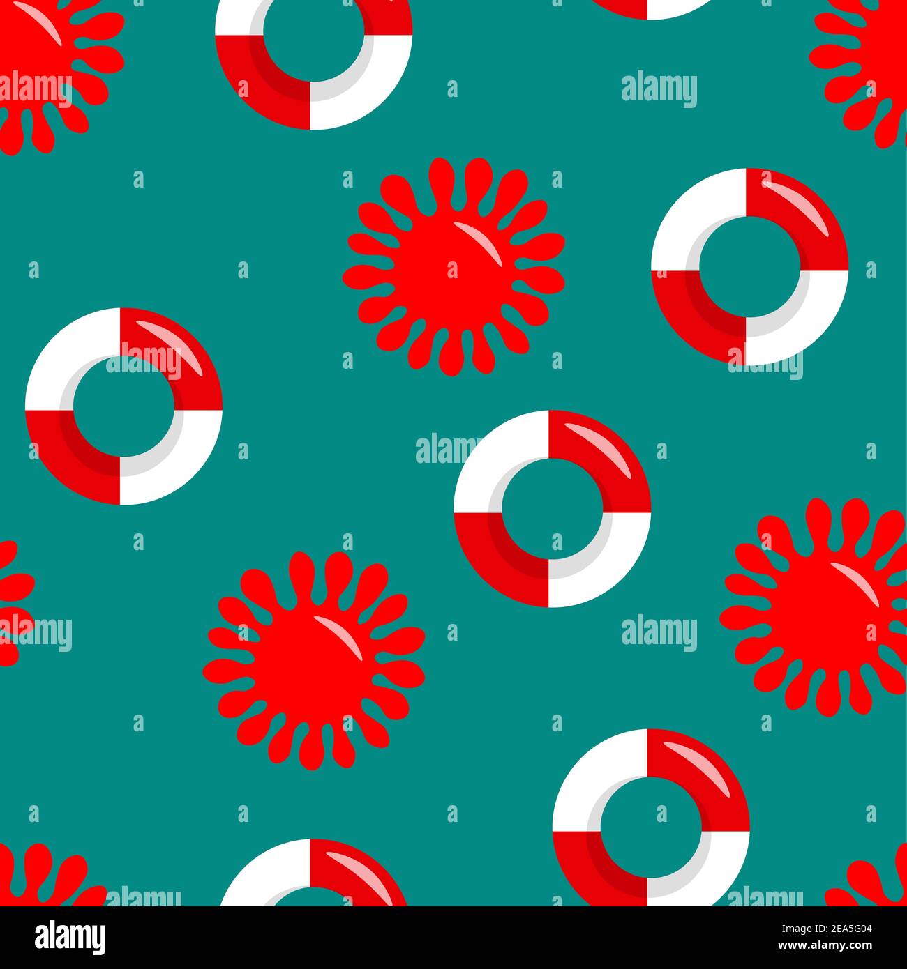 Seamless pattern wiht red and white lifebuoy and sun on blue background, summer symbol.Life Belt. Vector colorful flat illustration. Sea lifestyle Stock Vector