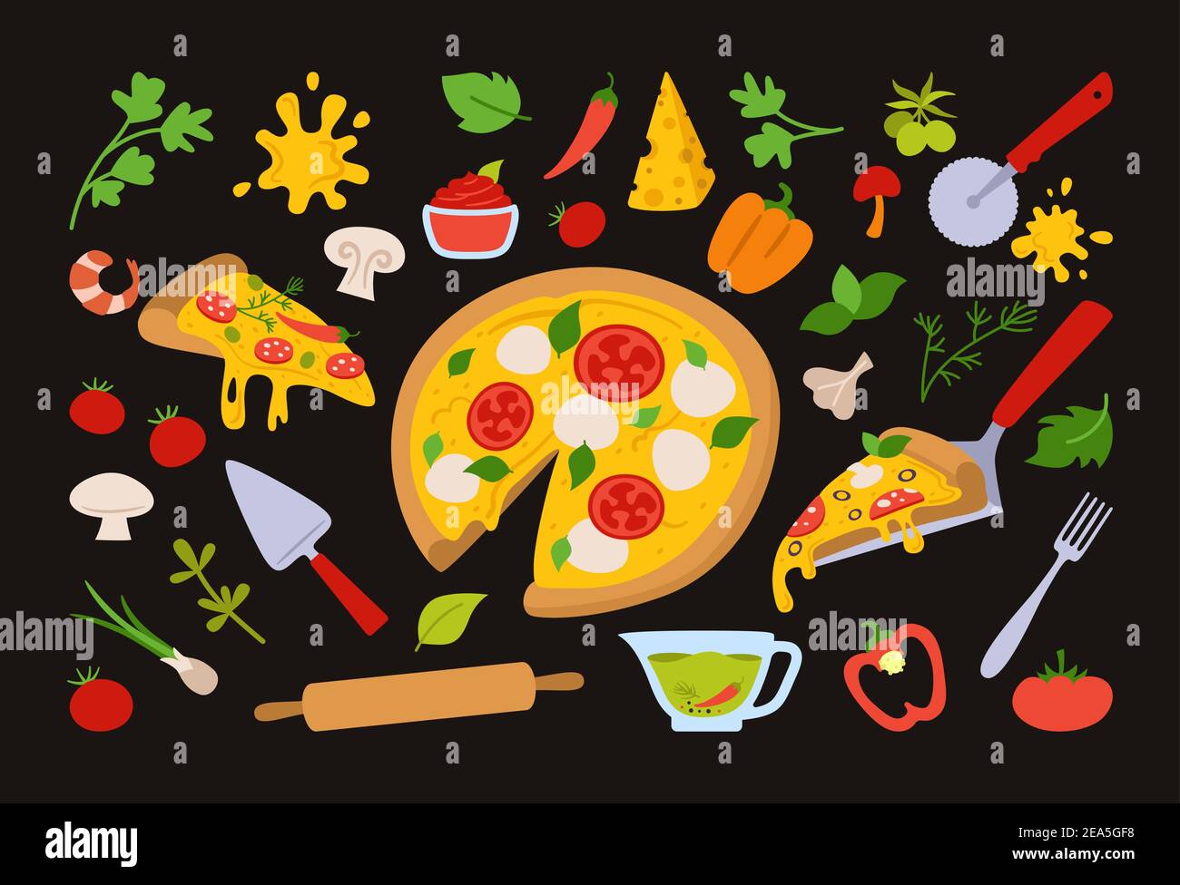Pizza pieces and ingredients cartoon set. Italian hand drawn pizzas