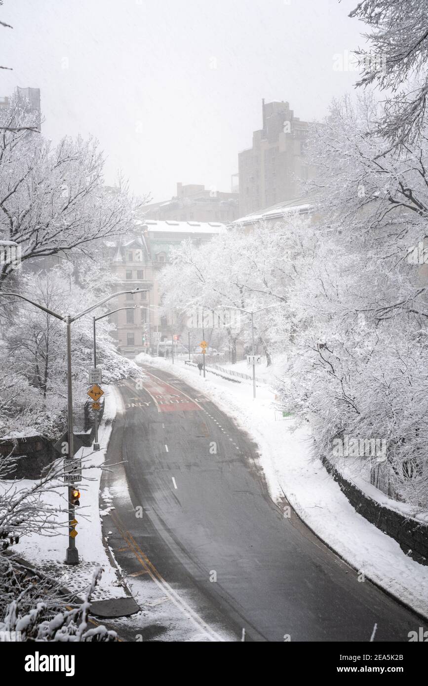 New York City Central Park during a snowstorm Stock Photo