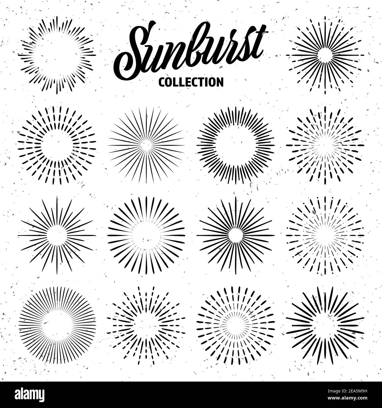 Vintage grunge sunburst collection. Bursting sun rays. Fireworks. Logotype or lettering design element. Radial sunset beams. Vector illustration. Stock Vector