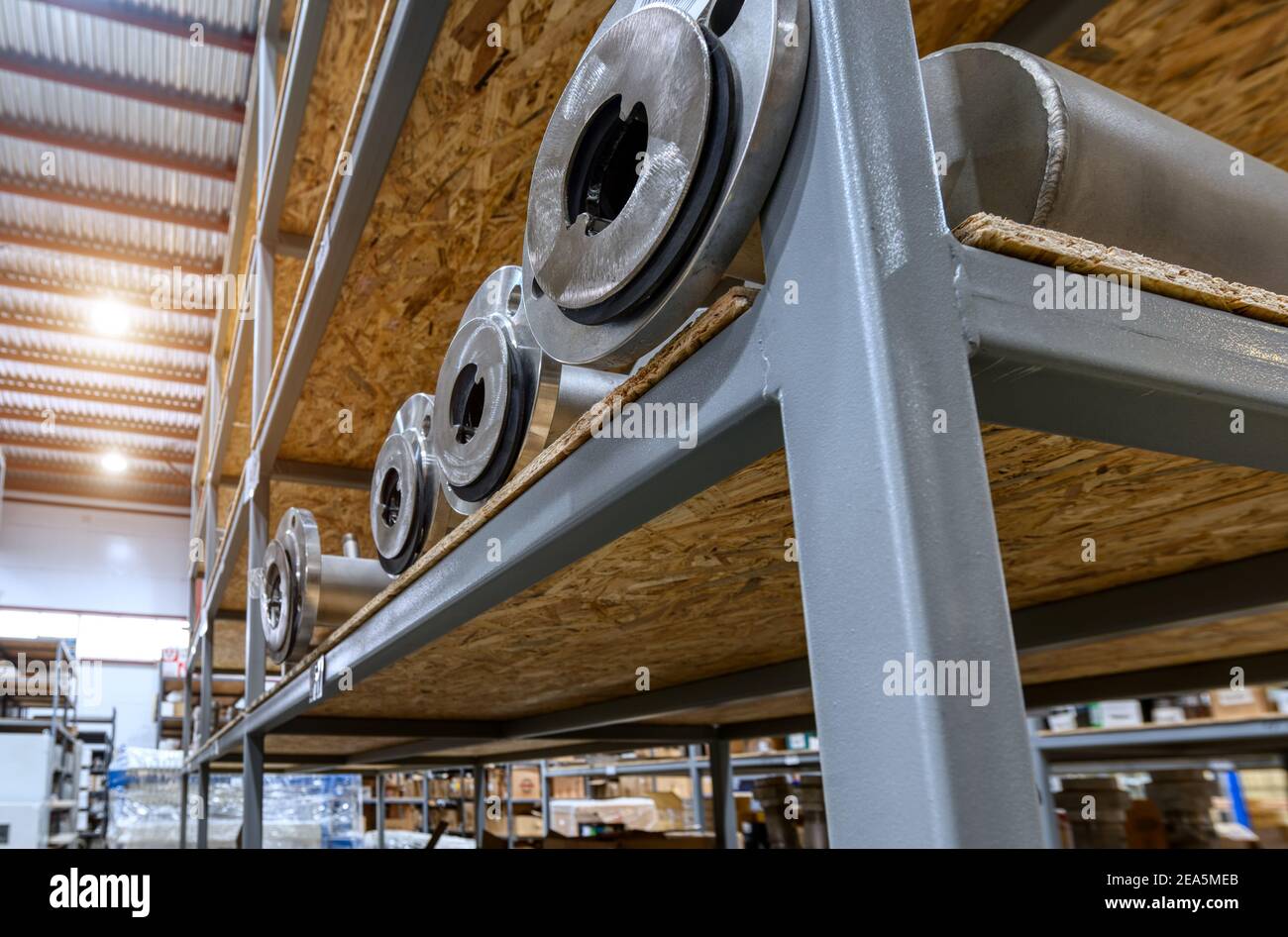 Steel pipe with thick flange. Warehouse of pipeline elements Stock