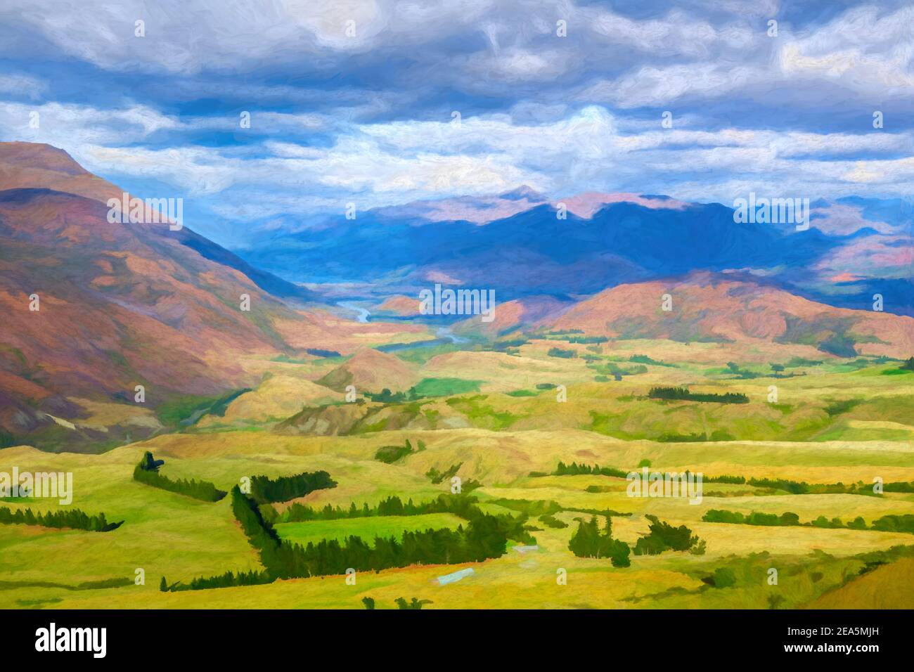 Digital painting of the view from Crown Range Lookout, Otago, New Zealand. Stock Photo
