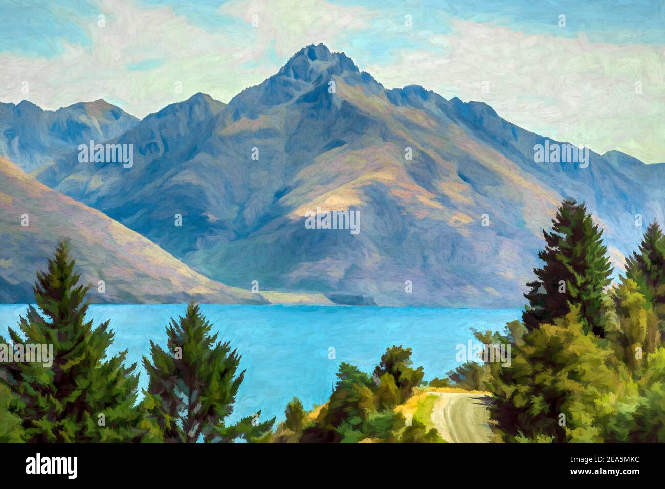 Digital painting of The Remarkables and Lake Wakatipu, Queenstown, New Zealand Stock Photo