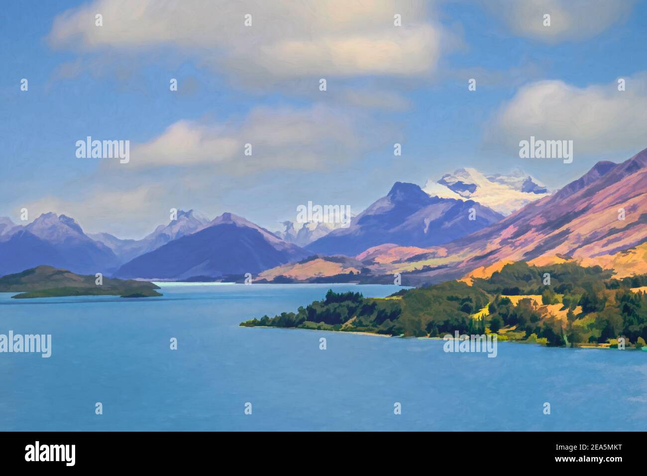 Digital painting of a view of snow-covered alps, across Lake Wakatipu, New Zealand. Stock Photo