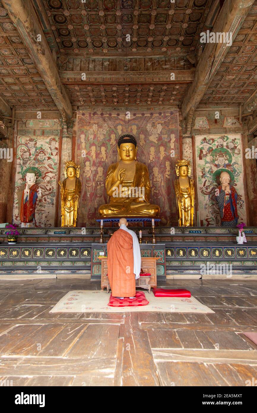 A monk in front of Buddhist statues at Bulguksa temple in Gyeongju, South Korea Stock Photo