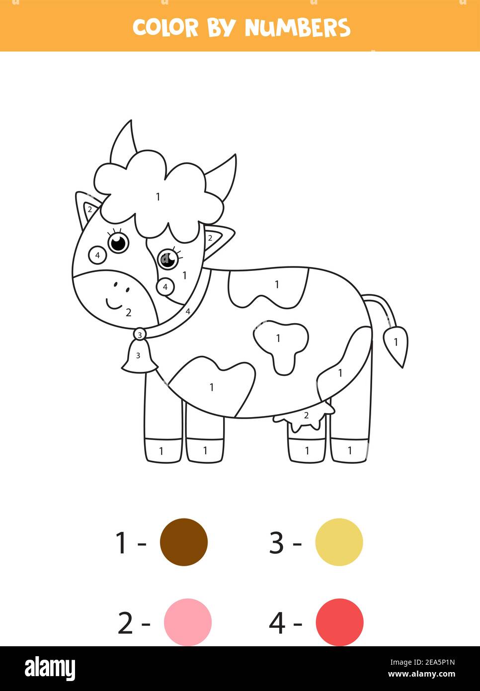Coloring page with cute cartoon cow. Color by numbers. Math game for kids  Stock Vector Image & Art - Alamy