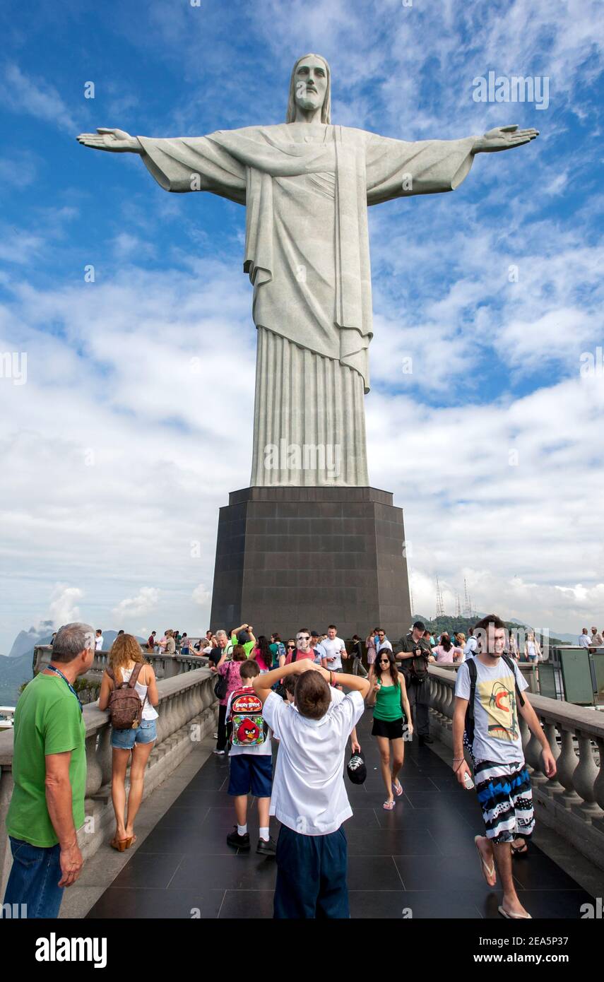 The statue of Christ the Redeemer at Rio de Janeiro in Brazil. The statue  which is 30 metres high, sits atop Corcovado Mountain Stock Photo - Alamy