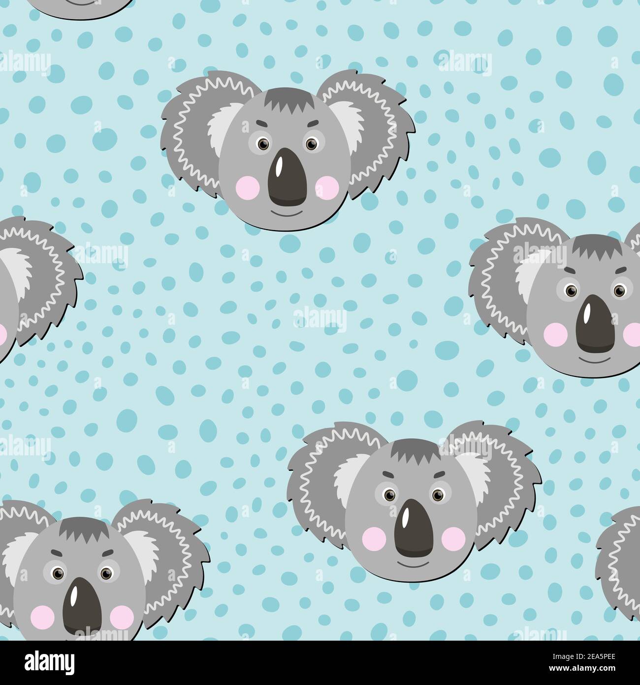 Vector flat animals colorful illustration for kids. Seamless pattern with cute koala face on blue polka dots background. Adorable cartoon character Stock Vector