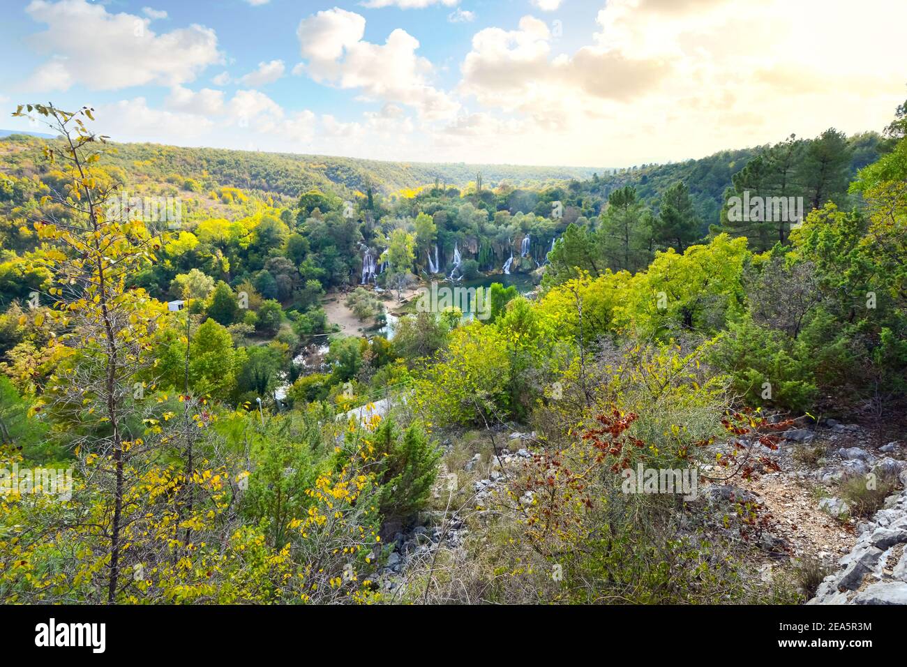 View from a hill looking down over the Kravica Waterfalls on the Trebizat River in the Karstic heartland of Bosnia and Herzegovina. Stock Photo