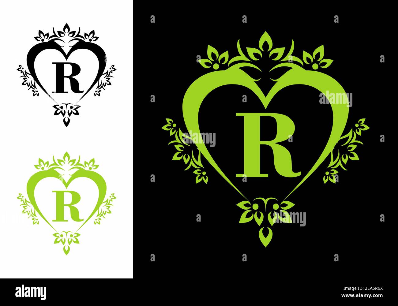 Black green R initial letter in love shape design Stock Vector ...