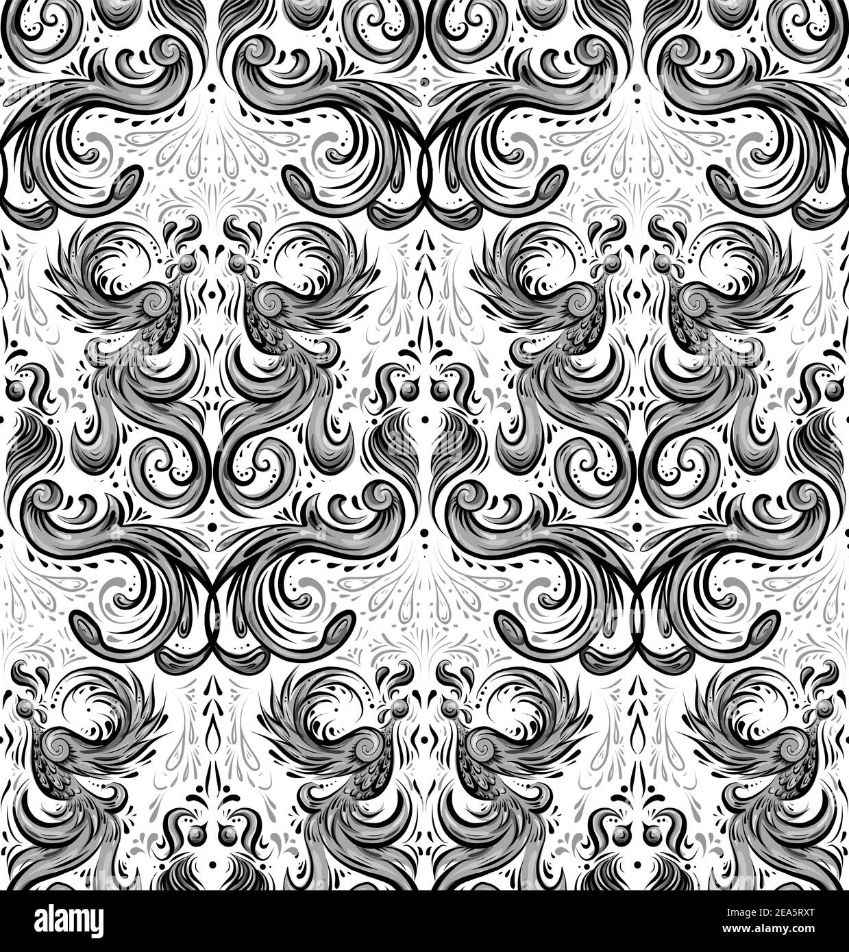 Seamless luxury vintage damask pattern. Animalistic wallpaper with curls, feathers, wings and tail. Natural monochrome texture for wrapping paper, tap Stock Vector