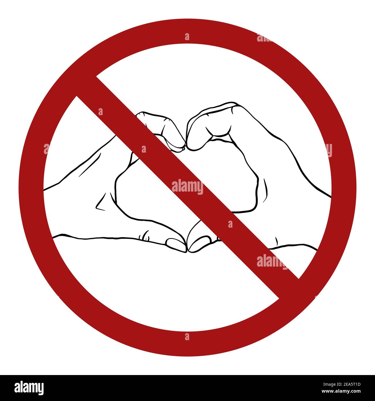 Contour people hands with a silhouette of a heart in a prohibition sign. Ban on love. Risk of infection during the quarantine period. Social distance Stock Vector