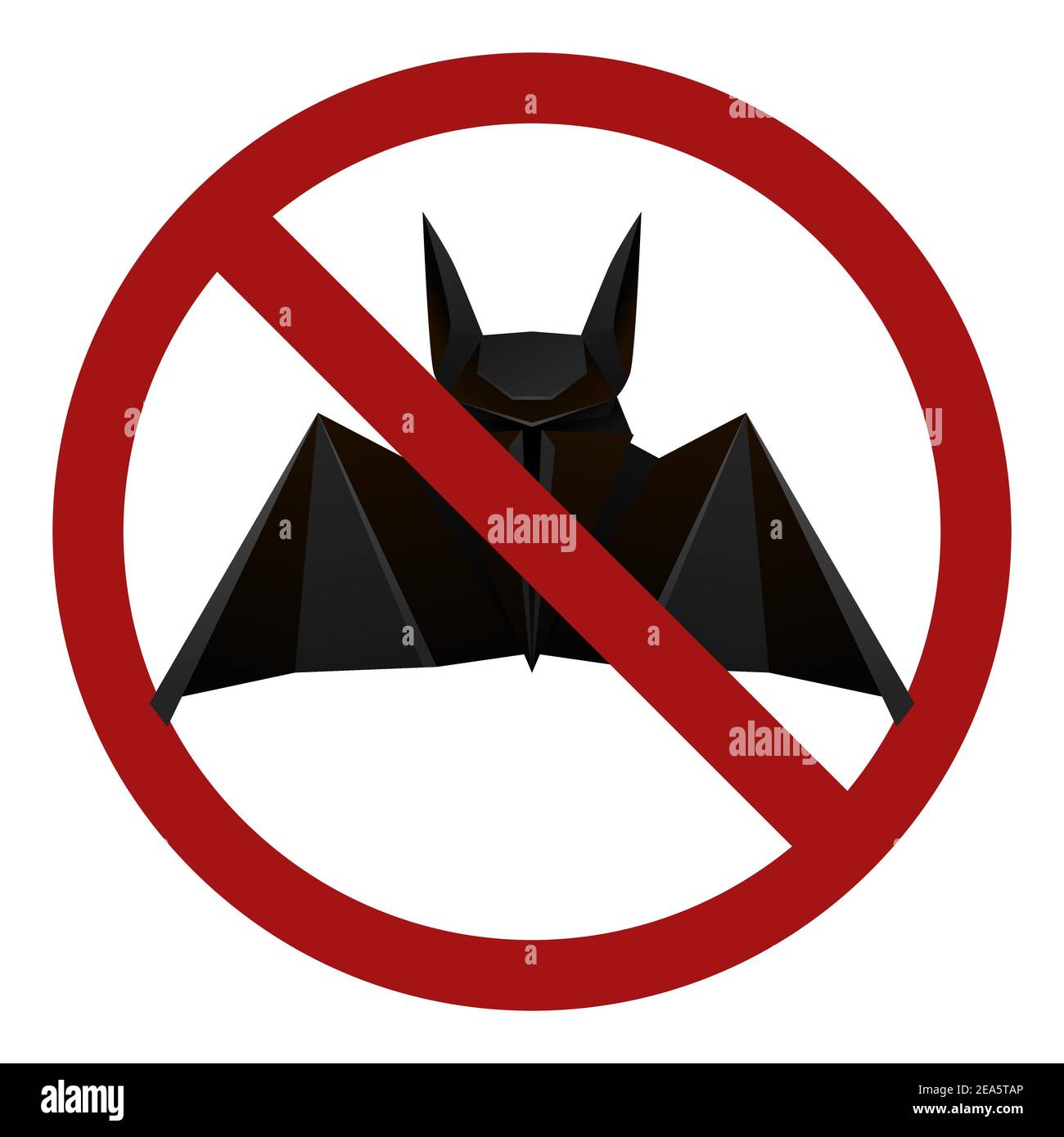 Origami bat in a red prohibition sign. Danger of infection. Do not breed bats. Origami wild animal in forbidden sign. Stock Vector