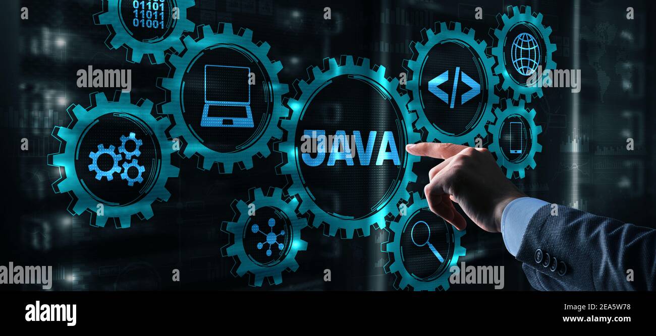 Business Man pushing on a touch screen interface Java Programming concept. Virtual machine Stock Photo
