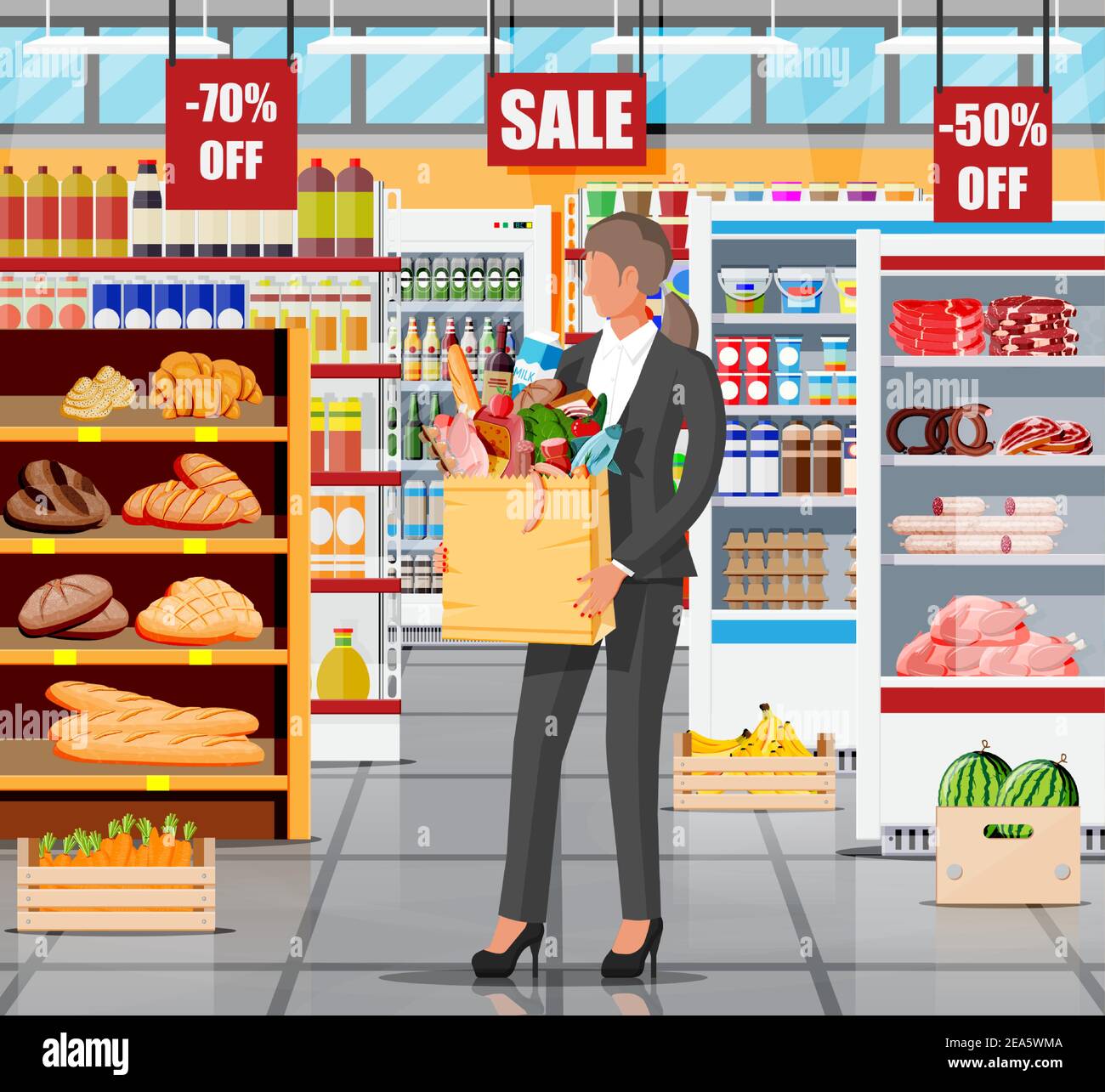 Supermarket store interior with goods. Big shopping mall. Interior store  inside. Woman customer with paper bag. Grocery, drinks, food, fruits, dairy  products. Vector illustration in flat style Stock Vector Image & Art -