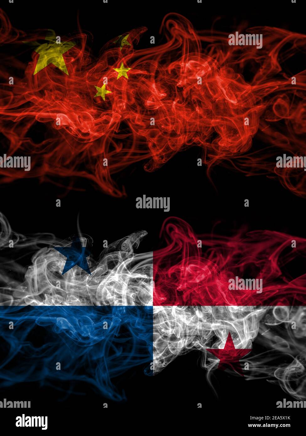 China, Chinese vs Panama, Panamanian smoky mystic flags placed side by side. Thick colored silky abstract smoke flags. Stock Photo